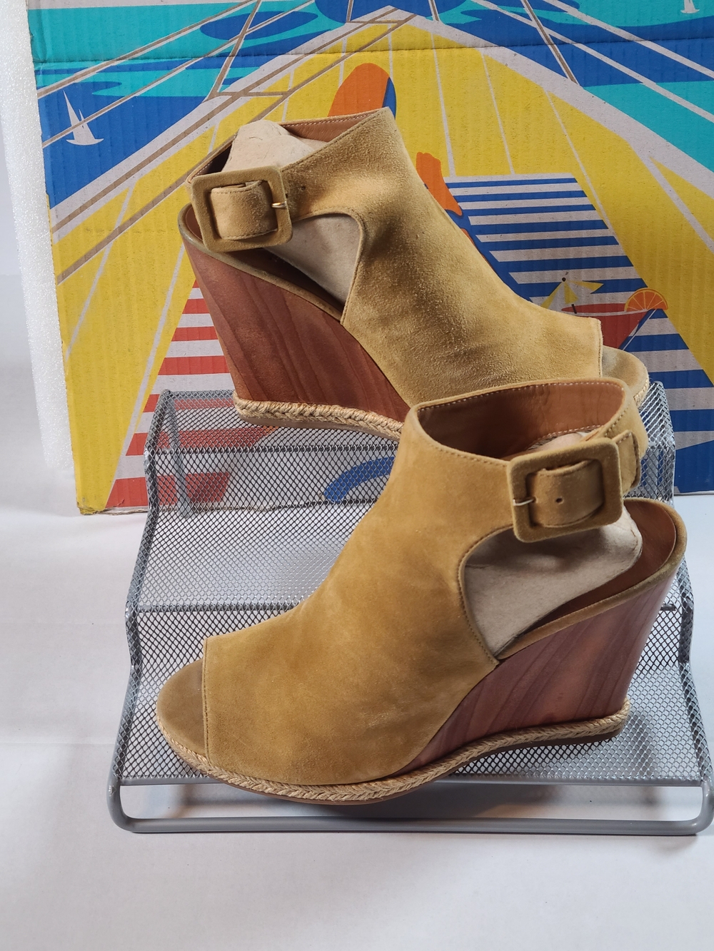 Tory Burch Camel Suede Peep-Toe Wedge with Ankle Strap Beautiful Womens 8 1/2 - Picture 4 of 11